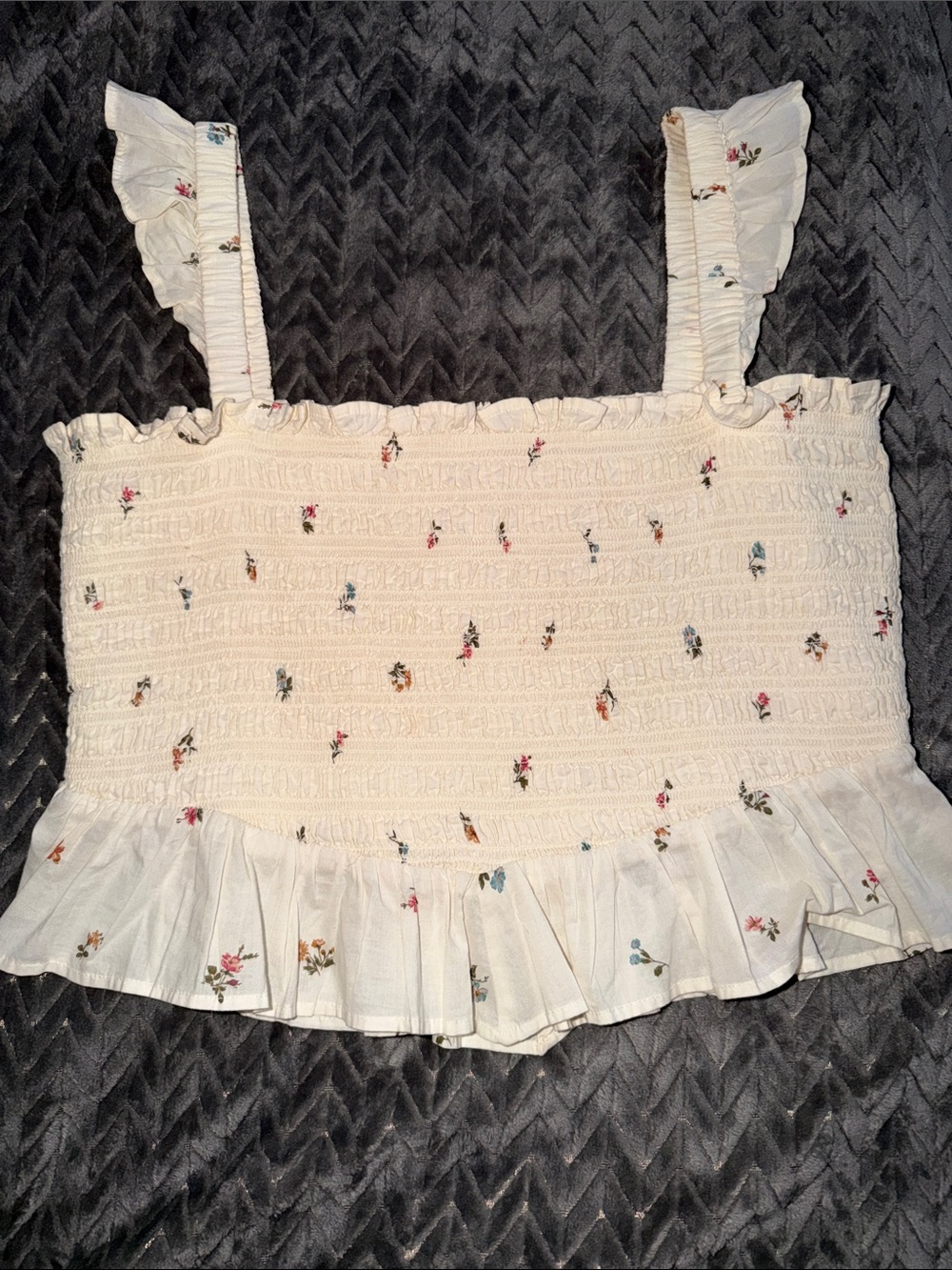 American Eagle Outfitters White Smocked Floral Ruffle Crop Top